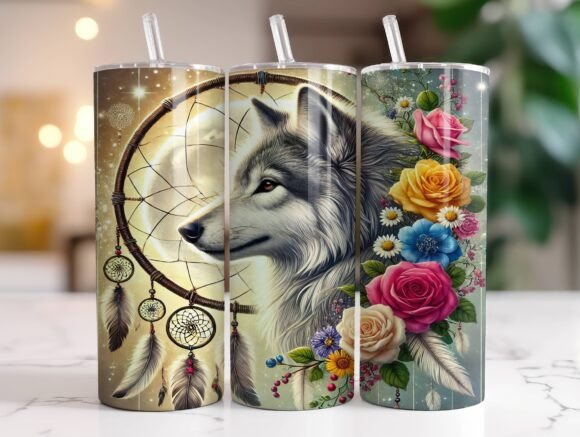 20oz Wolf Dreamcatcher Tumbler Wrap PNG Review