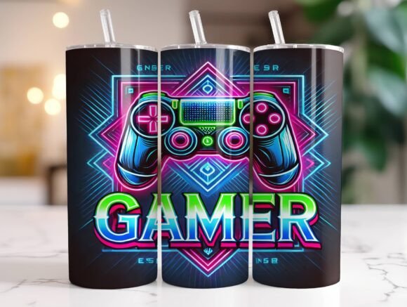 Neon Gamer Controller Tumbler Wrap PNG Review