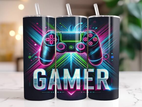 Neon Gaming Controller Wrap Tumbler PNG Review