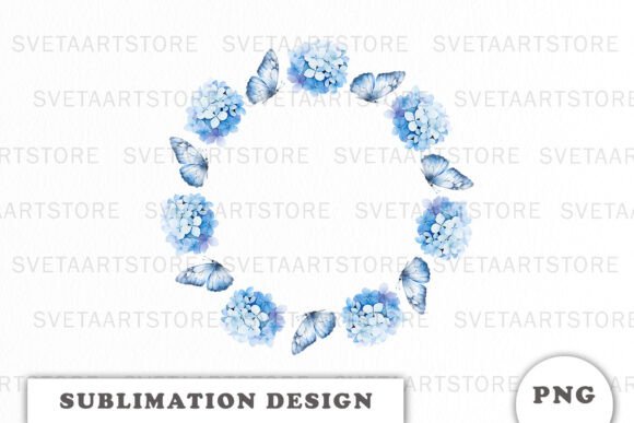 Watercolor Blue Hydrangea Wreath Png